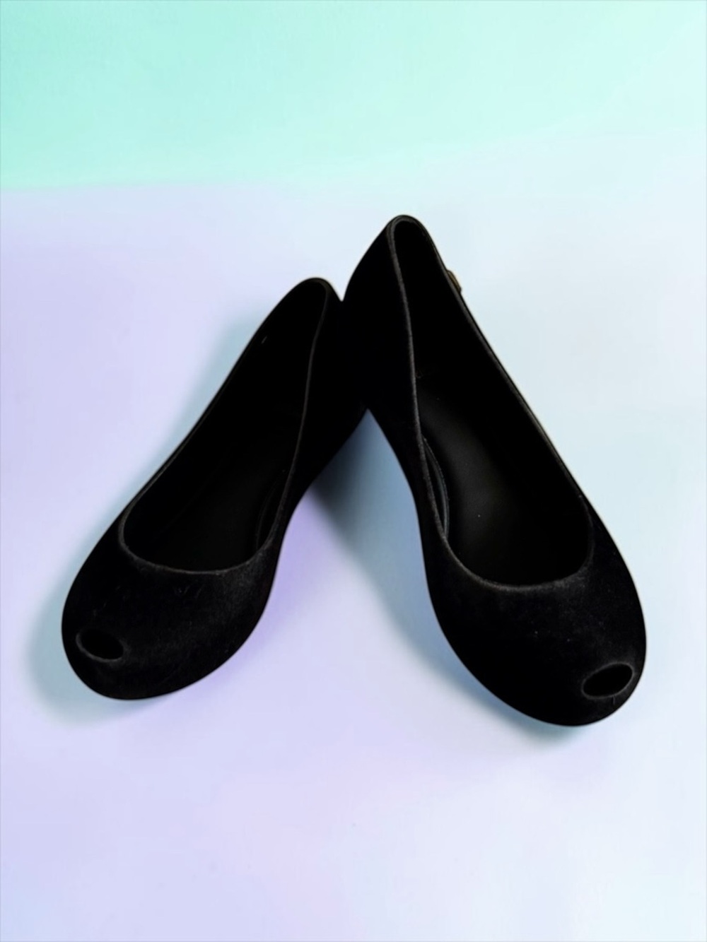 Mini Melissa Peep‑Toe Flats 🎀 Black Velvet Matte Girls Size 13 Like New